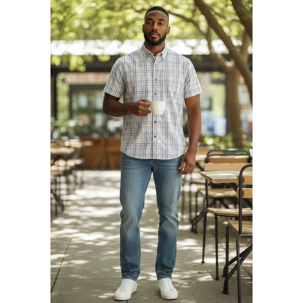 RedHead Shirt Mens L‎ White Plaid Short Sleeve Back Pleated Classic Button-Down